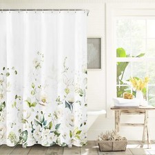 Cream Floral Shower Curtain 71x71" Watercolor Green Leaves Plant with Hooks — custom printed polyester bath curtain