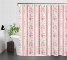 Pastel Rose Floral Green and Pink Striped Shower Curtain Set for Bathroom Decor — custom printed polyester bath curtain