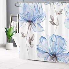 Spring Wildflower Botanical Blue Floral Shower Curtain Set for Bathroom Decor — custom printed polyester bath curtain