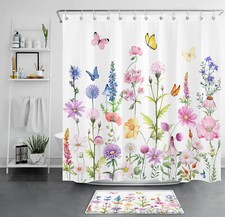 Watercolor Butterfly Mushroom Flower Shower Curtain Bathroom Accessories Set — custom printed polyester bath curtain