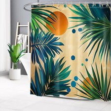 Mid Century Tropical Plant Green Leaf Shower Curtain Set for Bathroom Decor — custom printed polyester bath curtain