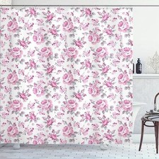Ambesonne Shabby Flora Shower Curtain Pink Roses w/Grey Leaves 69" W x 70" L — custom printed polyester bath curtain