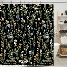 Boho Floral Shower Curtain with Tassels 72"W x 72"L (Pack of 1) Black Botanical — custom printed polyester bath curtain