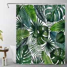 Plant Botanical Green Tropical Palm Leaf Shower Curtain Bathroom Accessories Set — custom printed polyester bath curtain