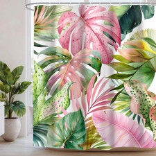 Pink and Green Tropical Palm Leaf Shower Curtain 60Wx72H Inch Monstera Leaves... — custom printed polyester bath curtain