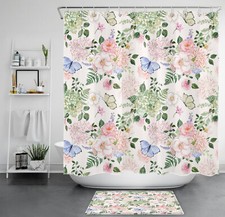 Farmhouse Blue Butterfly Pink Floral Beige Shower Curtain Set for Bathroom Decor — custom printed polyester bath curtain