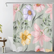 Spring Plant Sage Green Leaf Pink Floral Shower Curtain Set for Bathroom Decor — custom printed polyester bath curtain