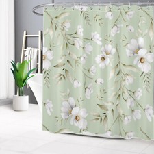 Watercolor Plant Green Leaf White Floral Shower Curtain Set for Bathroom Decor — custom printed polyester bath curtain