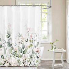 71x71 Inch Blush Pink White Floral Shower Curtain Green Leaves Sets Hook — custom printed polyester bath curtain