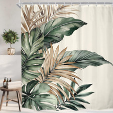 Tropical Leaves Extra Long Green Beige Brown Bathroom Shower Curtain Set — custom printed polyester bath curtain