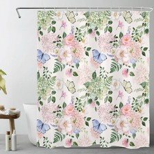 Farmhouse Blue Butterfly Pink Floral Beige Shower Curtain Set for Bathroom Decor — custom printed polyester bath curtain