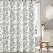 Grey Floral Shower Curtain, Linen Textured Fabric with 12 Rustproof Metal Hooks, — custom printed polyester bath curtain