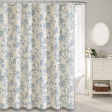 Blue Floral Extra Long Linen Textured Fabric Shower Curtain 72x90 Inch 12 Hook — custom printed polyester bath curtain