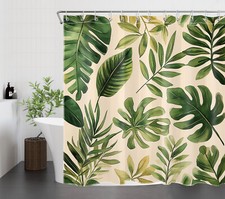 Tropical Botanical Green Leaf on Beige Shower Curtain Set for Bathroom Decor — custom printed polyester bath curtain