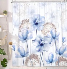 Blue Art Floral Shower Curtain Fabric 70-84in Long Shower Curtain and Rug Set — custom printed polyester bath curtain