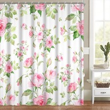 Pink Floral Shower Curtain Set Green Plant Romantic Rose Bathroom Decor Set W... — custom printed polyester bath curtain