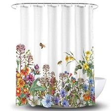 Flowers Shower Curtain,Beautiful Watercolor Wildflowers Bee Field Plants — custom printed polyester bath curtain