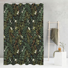 Faux Linen Vintage Floral Shower Curtain Black and Green Botanical Heavy Duty Ba — custom printed polyester bath curtain
