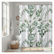 72x72 Inch Green Eucalyptus Watercolor Floral Fabric Shower Curtain Hooks Set — custom printed polyester bath curtain
