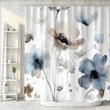 Boho Floral Long Shower Curtain Cream Tan Beige Blue Grey White Watercolor — custom printed polyester bath curtain