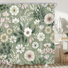 Boho Sage Green Floral Bohemian Wildflower Bathroom Shower Curtain Set — custom printed polyester bath curtain