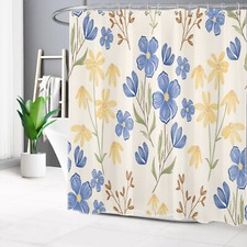 Plant Blue and Yellow Wildflower on Beige Shower Curtain Set for Bathroom Decor — custom printed polyester bath curtain