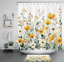 Green Leaf Yellow Wildflower Rustic Floral Shower Curtain Set for Bathroom Decor — custom printed polyester bath curtain