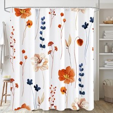 Watercolor Floral Shower Curtain Retro Orange Navy Flower Set 72x72 Inch — custom printed polyester bath curtain