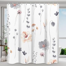Watercolor Grey Floral Plant Waterproof Bathroom Shower Curtain Hooks 72x72" — custom printed polyester bath curtain