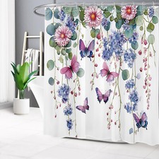 Purple Flower and Butterfly with Leaf Shower Curtain Bathroom Accessories Set — custom printed polyester bath curtain