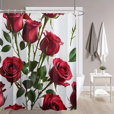 Red Rose Flower Waterproof Shower Curtain Bathroom Decor — custom printed polyester bath curtain