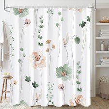 Watercolor Floral Shower Curtain, Sage Green Beige Flower Shower Curtain for Bat — custom printed polyester bath curtain