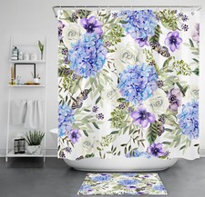 Yellow Butterfly Blue Hydrangea Floral Shower Curtain Bathroom Accessories Set — custom printed polyester bath curtain