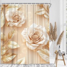 Cream White Gold Floral Elegant Waterproof Fabric Shower Curtain Hooks 72x72 — custom printed polyester bath curtain