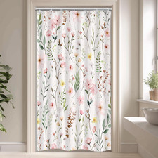 Pink Floral Flower Small Stall Light Green Boho Bathroom Shower Curtain Set — custom printed polyester bath curtain