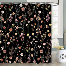 Black Floral Shower Curtain,Boho Vintage Dark Flower Botanical Bath Curtain,Cute — custom printed polyester bath curtain