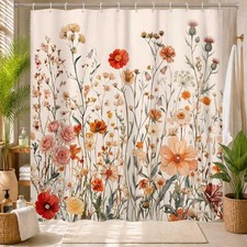 Boho Floral Shower Curtain, Beige Vintage Farmhouse 72x72 Inch — custom printed polyester bath curtain
