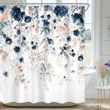Blue Floral Flower Shower Curtain Navy Watercolor Plant 72x72 Inch — custom printed polyester bath curtain