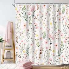 Pink Floral Flower Leaves Spring Botanical Bathroom Shower Curtain Set — custom printed polyester bath curtain