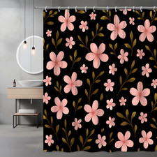 Floral Pink Shower Curtain on Black Background - Cute Bathroom Decor — custom printed polyester bath curtain