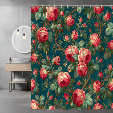 Floral Rose Shower Curtain Pink Roses on Teal Background — custom printed polyester bath curtain