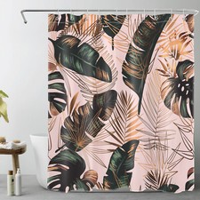 Tropical Plant Green Gold Palm Leaf Pink Shower Curtain Bathroom Accessories Set — custom printed polyester bath curtain