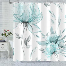 Teal Grey Watercolor Floral Shower Curtain, Flower Leaves Minimalist Aesthetic A — custom printed polyester bath curtain