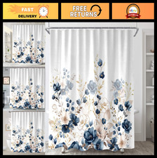Navy Blue Gold Floral Shower Curtain Set, Boho Watercolor Leaves, 72x72" Bath De — custom printed polyester bath curtain