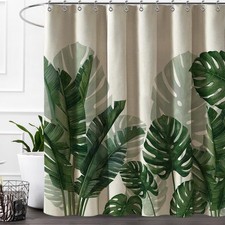 Linen Shower Curtain Tropical Green Leaf Shower Curtains Botanical Banana Mon... — custom printed polyester bath curtain