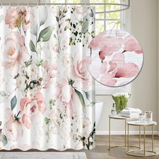 Blooming Bright Pink White Roses Floral Faux Linen Shower Curtain, Watercolor... — custom printed polyester bath curtain
