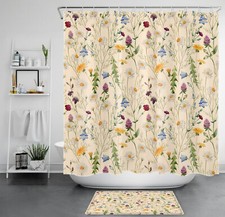 Plant Green Leaf Colorful Wildflower Beige Shower Curtain Set for Bathroom Decor — custom printed polyester bath curtain