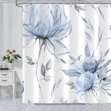 Blue Grey Watercolor Floral Shower Curtain, Flower Leaves Minimalist Aestheti... — custom printed polyester bath curtain