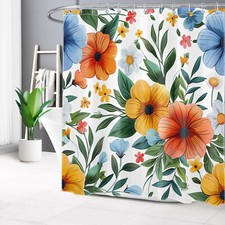 Rustic Plant Green Leaf Colorful Flower Shower Curtain Set for Bathroom Decor — custom printed polyester bath curtain