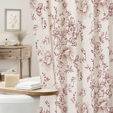 Burgundy Floral Linen Shower Curtain Cottagecore French Country 72x72 Inch — custom printed polyester bath curtain